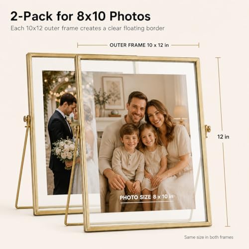 AceList Floating Picture Frame, 2 Pack 8x10 Gold Double Glass