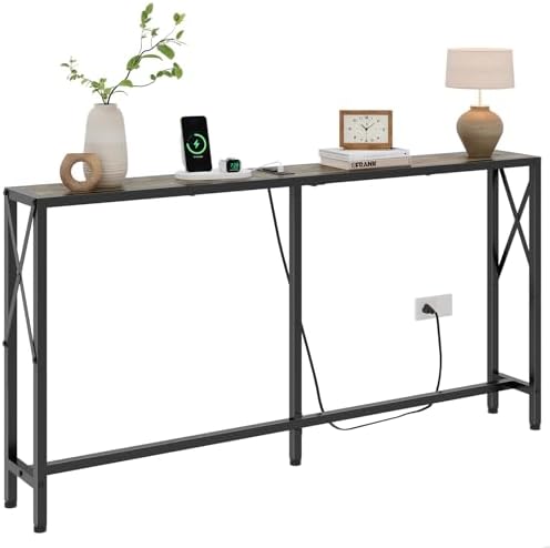Gewudraw Narrow Console Table with Socket, Sofa Table Behind Couch