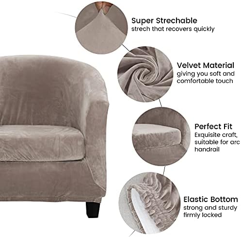 MIFXIN 2-Piece Velvet Tub Chair Covers with Cushion Cover Stretch Soft Removable Tub Chair Slipcovers Armchair Sofa Couch Furniture Protector for Living Room Club Bar Counter (Light Tan)