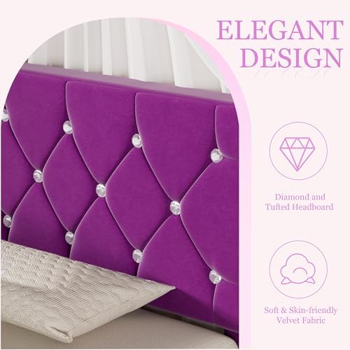 VECELO Twin Size Bed Frame with Diamond Tufted Headboard, Upholstered Platform Bedframe with Wood Slat Support, No Box Spring Needed, Royal Purple