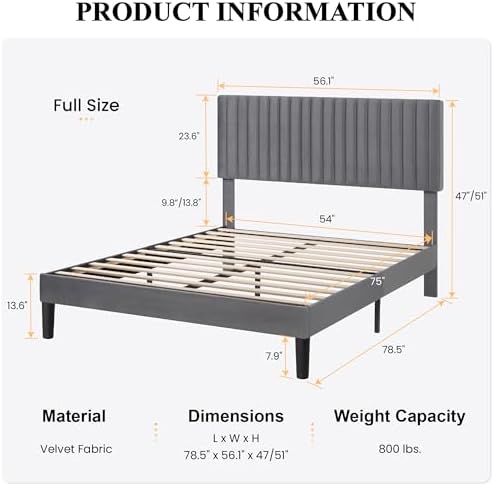 SHA CERLIN Full Upholstered Platform Bed Frame with Vertical Channel Tufted Velvet Fabric Adjustable Headboard, Wooden Slats Support, Mattress Foundation, Box Spring Optional, Grey