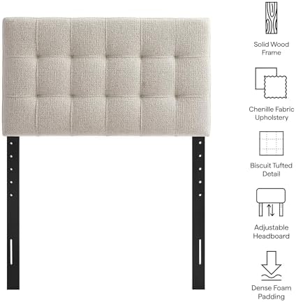 Modway Lily Twin Size Headboard with Biscuit Tufting in Dove - Fabric Upholstery with Padded Design and 5 Height-Adjustable Mounts