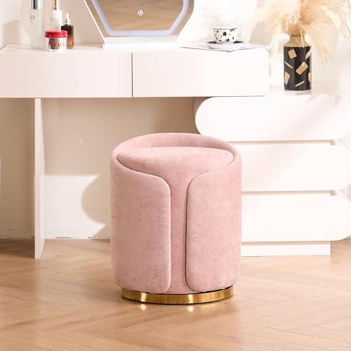 Swivel Vanity Stool with Back Comfy Vanity Chair with Gold Base Modern Round Stool for Makeup Vanity Ottoman Foot Rest for Bedroom livingroom (Pink)