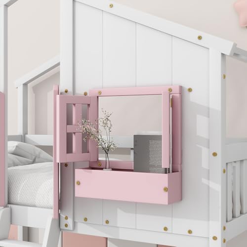 Twin Over Twin House Bunk Bed with Roof and Window, Pink White