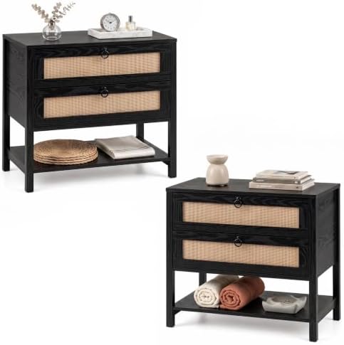 GIANTEX Rattan Nightstand Set 2 with 2 Drawers, 27" Wide Boho Bedside Table