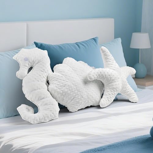 AELS Coastal Throw Pillows Set of 2, Shell Seahors Pillows, Beach Ocean Nautical Themed Smooth Soft Minky Decorative Throw Pillows, Cute Pillow for Couch Sofa Bed Living Room Bedroom Nursery, White