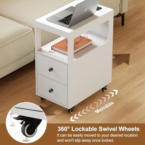 Narrow End Table with Charging Station and Wheels, Movable Narrow End Table with USB Ports and Outlets for Small Space, Living Room, Bedroom and Office, with 4 Wheels (White)