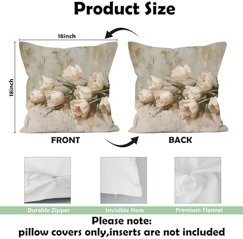 Vintage White Tulip Floral Pillow Cover 18x18, Cottagecore Room Decor, Neutral Farmhouse White Flower Decorative Throw Pillow Covers Pillowcases for Living Room Home Bedroom