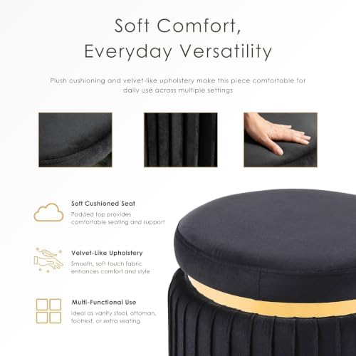 Furniture of America Magnus Modern 15-inch Upholstered Round Ottoman with Gold Trim and Stainless Steel Base, Vanity Stool Chair, Small Foot Stool for Bedroom, Living Room, Entryway, White