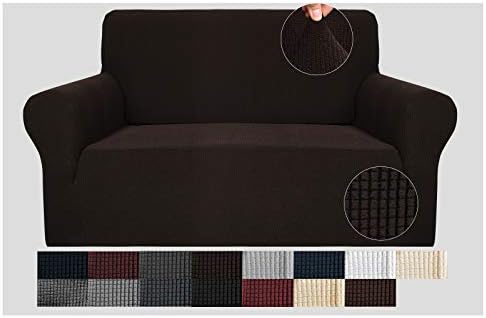 JIVINER High Stretch 1-Piece Jacquard Small Checks Couch Covers for 2 Cushion Couch Anti Slip Love Seat Sofa Covers Loveseat Slipcovers Protector for Kids Pets (Loveseat, Dark Coffee)
