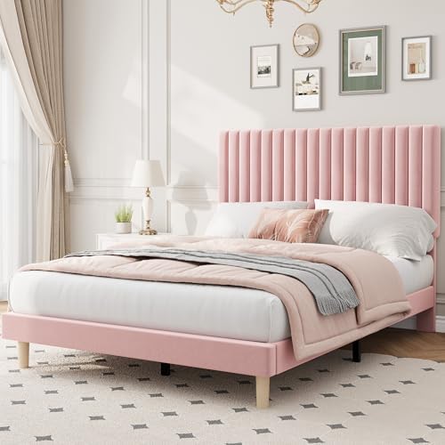 Full Bed Frame with Adjustable Headboard, Velvet Upholstered Platform Bed