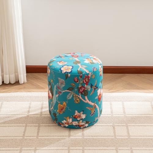 15.7" Swivel Vanity Stool, Floral Velvet Round Ottoman, Teal