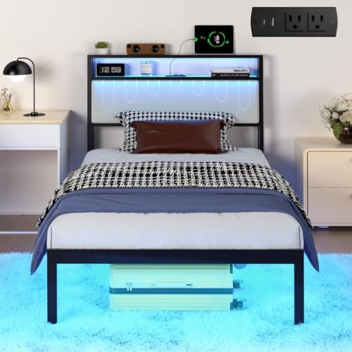 J.Fkne Twin Bed Frames with LED Lights & Charging Station, Metal Platform Frame with Upholstered Headboard, No Box Spring Needed, Noise Free, Easy Assembly