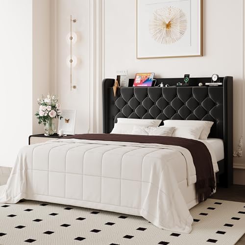 Allewie Full Size Bed Frame, Storage Headboard & Charging Station, Black