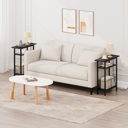 Vagusicc Narrow Side Table with Charging Station, 3-Tier Skinny Side End Table for Couch, Small End Tables for Small Spaces, 25.2" Tall Slim Nightstand Bedside Table for Living Room, Bedroom, Black