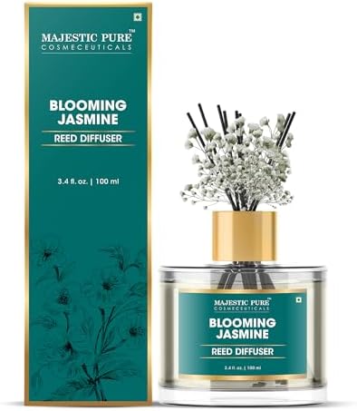 Majestic Pure Blooming Jasmine Reed Diffuser for Home, Bathroom & Office | Natural Aromatherapy Air Freshener & Room Fragrance, with Reed Sticks & Dried Flowers 3.4 fl oz