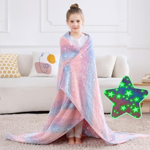 Softan Kids Stars Throw Blanket Glow in The Dark, Kids Blanket Gifts for Girls & Boys, Soft Cozy Flannel Luminous Stars Blanket for Sofa Couch Bed, Christmas Birthday Gift Toddler, 50x60IN