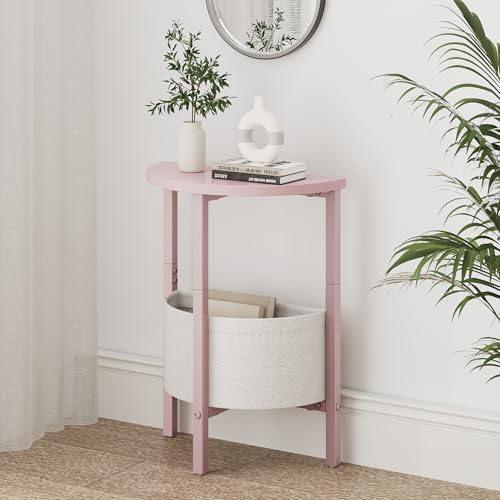 Vagusicc Small Round Side Table, Accent End Table with Storage Basket, Set of 2 Half Round Coffee Table End Table, Half Moon Bedside Table, Modern Nightstand Couch Table for Living Room Bedroom, Pink