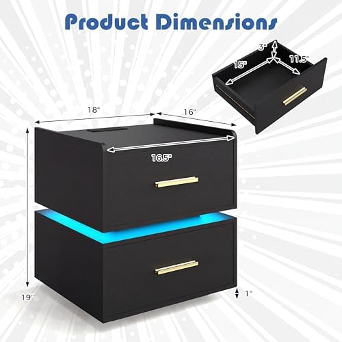 GIANTEX LED Night Stand Set 2 with Charging Station, Semi-Floating Bedside Table w/2 Storage Drawers, USB & Type-C Ports, Modern Couch End Sofa Side Table for Bedroom Small Spaces (Black)