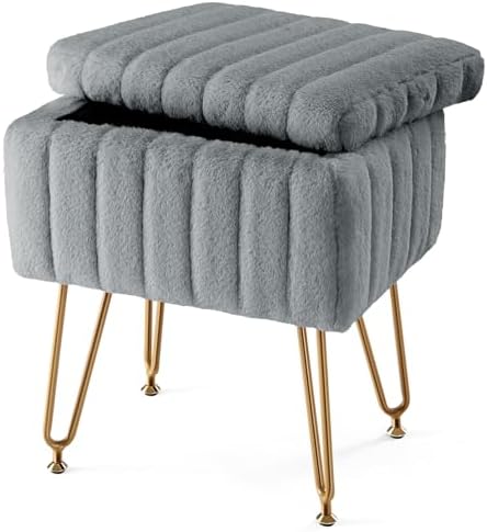 Sweetcrispy Vanity Stool Chair with Storage, 18.9”H x 16”L x 12.2”W Ottoman Chair Faux Fur Soft Padded Makeup Footstools Seat with 4 Metal Legs Anti-Slip Adjustable Feet for Make Up, Grey