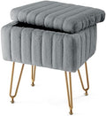 Sweetcrispy Vanity Stool Chair with Storage, 18.9”H x 16”L x 12.2”W Ottoman Chair Faux Fur Soft Padded Makeup Footstools Seat with 4 Metal Legs Anti-Slip Adjustable Feet for Make Up, Grey