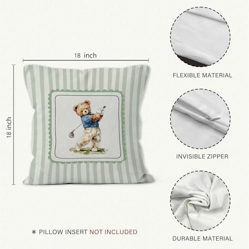 Sports Bear Nursery Throw Pillow Cover 18x18, Golf Tennis Player Bear Decorative Pillow Covers for Kids Toddler Boy Nursery Room Bedroom Playroom, Sports Accent Pillows Cover Pillowcases, Set of 2