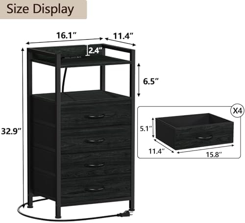 Furnulem Night Stand with Charging Station,LED,Tall Bedside Table for Dorm