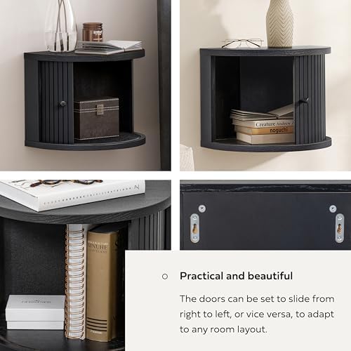16'' Fully Assembled Floating Nightstand with Storage and Sliding Door - Floating Side Table for Bedroom and Living Room. Mid Century Modern Nightstand Wood, Bedside Shelf Wall Mount (Black Oak)
