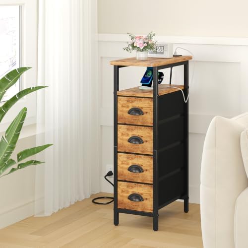 sthmec Side Table with Charging Station, Narrow End Table with 4 Drawers, Small Nightstands with Fabric Drawers,Slim Sofa Couch Side Tables for Small Spaces,Living Room,Bedroom,Rustics Brown