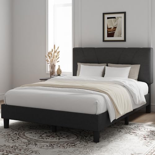 Novilla Full Size Bed Frame with Adjustable Headboard Platform Full Bed Frame with Linen Upholstered Headboard, No Box Spring Needed, Noise-Free, Easy Assembly, Dark Grey