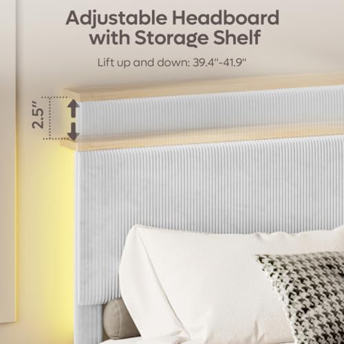 Full Bed Frame with Adjustable Headboard & LED, Upholstered, Light Grey