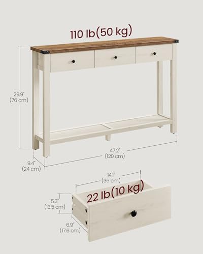 VASAGLE 47.2" Narrow Console Table with 3 Drawers and Open Storage Shelf