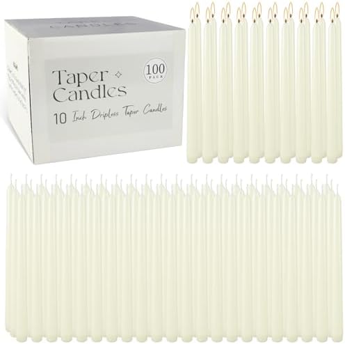 YOROXRG 100Pack Ivory Taper Candles, 7-8 Hours Burn Time, Unscented, Smokeless and Dripless, 0.75 x 10 Inch Dinner Candle Set for Household, Wedding, Party and Home Décor Candlesticks