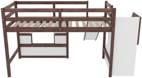 Bellemave Twin Low loft/bunk Bed with Slide and Storage Staircase LED for Kids,Wood Loft Beds,Walnut+White