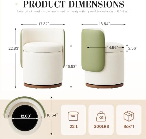 Ottoman with Storage, Round Vanity Stool with Back