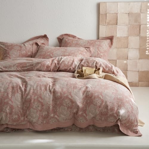 Jacquard Floral Duvet Cover Set King,Yarn-Dyed Cotton Blush Pink Flower Duvet Cover Bordered,Vintage Garden Style Bedding Set King Size 3 Pieces