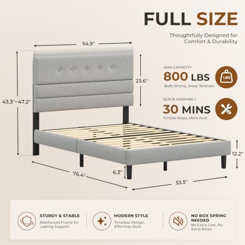 GRUSIGN Full Size Bed Frame with Linen Fabric Headboard, Adjustable Height Upholstered Platform Bed Frame with Wooden Slats, Easy Assembly, Dark Grey