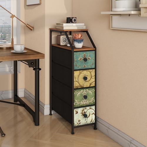 Tohomeor Narrow Dresser Tall Skinny Storage Tower Vertical Slim Chest of Drawers with Charging Station Small Nightstand Side Table for Bedroom, Bathroom, Small Spaces (Retro Flower, 4 Drawers)