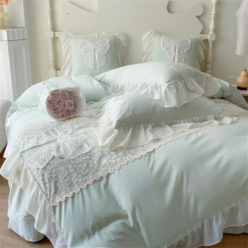 MOOWOO Lovely Bow Chic Duvet Cover Set- Ruffle Lace Polyester Comforter Cover -Girl French Princess Style Bedding-2 Piece Twin Duvet Cover with Zipper Closure-No Comforter-Green,Twin Size