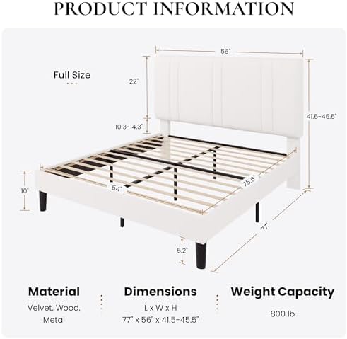 SHA CERLIN Full Size Velvet Bed Frame with Adjustable Headboard, White