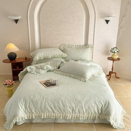 100% Cotton Muslin Duvet Covers Queen Size Ruffle Fringe Skin Friendly Princess Bedding Set with Zipper,3Pcs Romantic Aesthetic Comforter Covers 90"X90",1 Duvet Cover and 2 Pillowcases