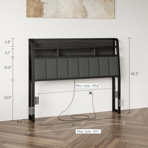 Full Headboard Only with Storage, Charging Station, Black & Grey