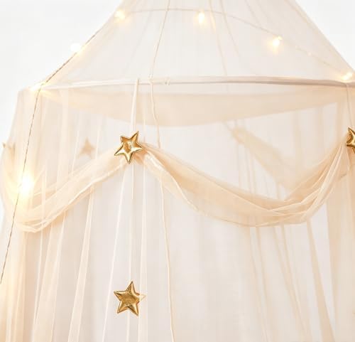 Bed Canopy with Star Lights, Gold Star Princess Canopy for Bed,Extra Large Dome Mosquito Net Reading Nook Bed Canopy for Girls Twin Full Queen Size Bed,Ivory