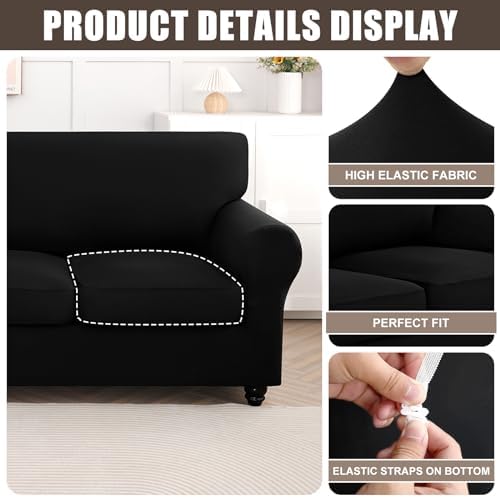 SearchI Stretch Sofa Cover Couch Cover, 3 Pieces Loveseat Slipcover with 2 Separate Cushion Cover, Washable Furniture Protector for Living Room(Loveseat, Silver Black)