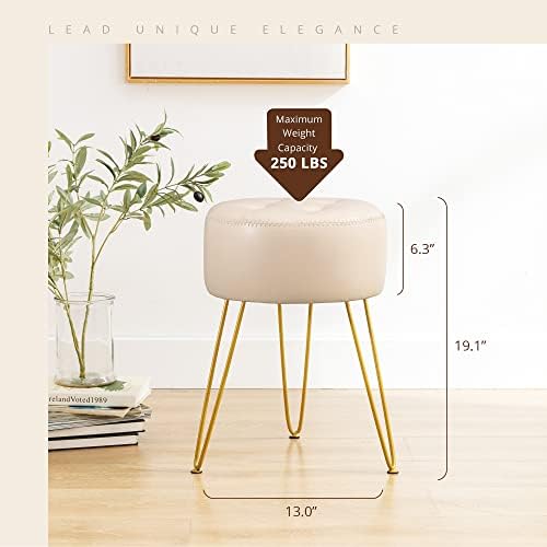 LUE BONA Faux Leather Vanity Stool Chair for Makeup Room, Almond Stool for Vanity, 19” Height, Tufted Small Vanity Chair Stool with Metal Legs, Modern Foot Stool Ottoman for Bedroom, Living Room