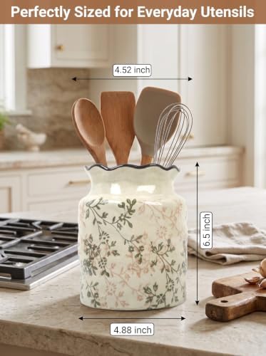 Ceramic Utensil Holder for Kitchen Counter, Vintage Floral Farmhouse Décor