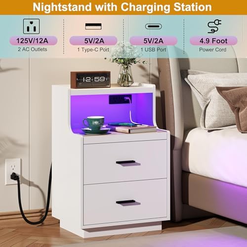 Yusong LED Nightstand Bedside Table with Charging Station 2 Drawers, Modern Sofa Couch End Side Table with LED Lights and Pull-Out Shelf for Bedroom, White