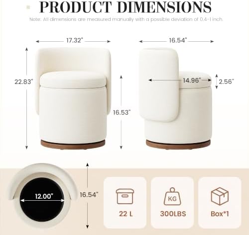 Ottoman with Storage, Round Vanity Stool with Back