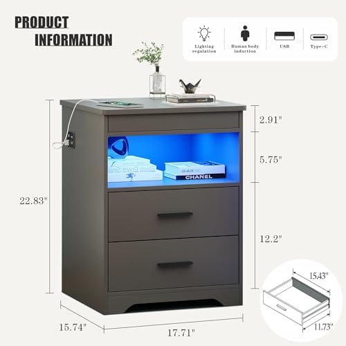 FREDEES LED Nightstand Set 2 with Gun Drawer & Charging Station