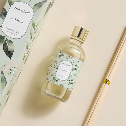 Airkeep Reed Diffuser Oil Set with Reed Sticks, Gardenia Aromatherapy Oil Scent Diffuser for Home Office Bathroom Decoration Perfume and Gifts 3.38 oz/100ml